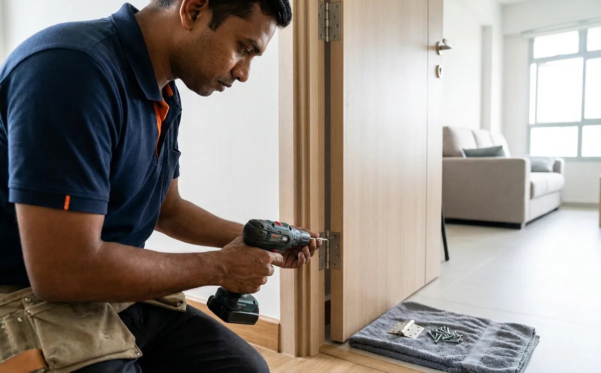 Handyman AZ technician providing hinge installation in a Singapore home