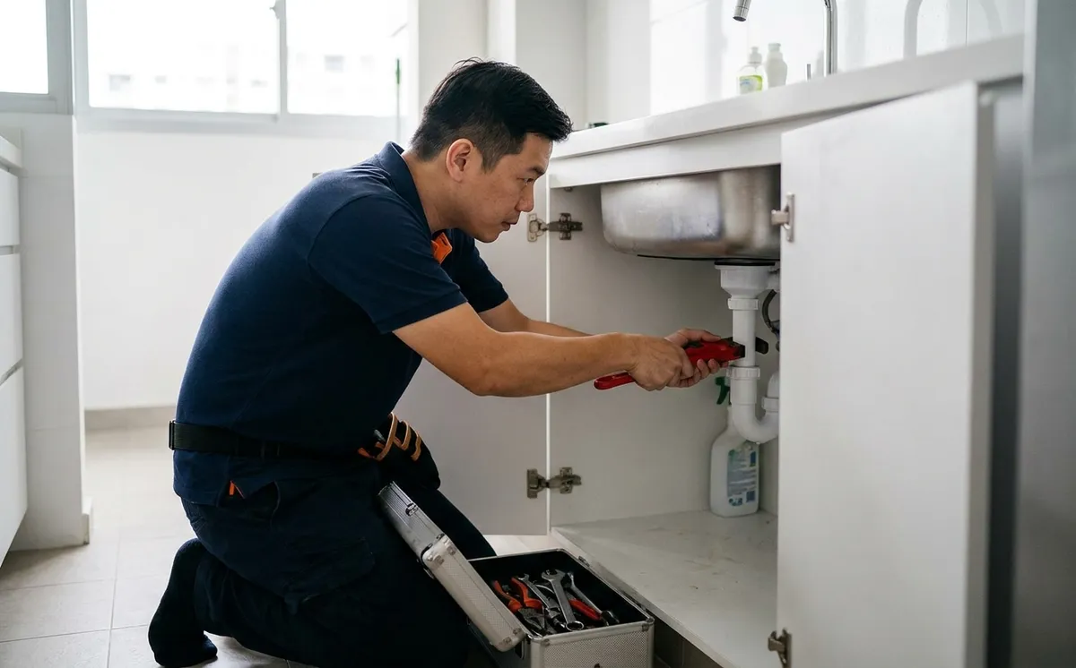 Handyman AZ technician providing plumbing in a Singapore home