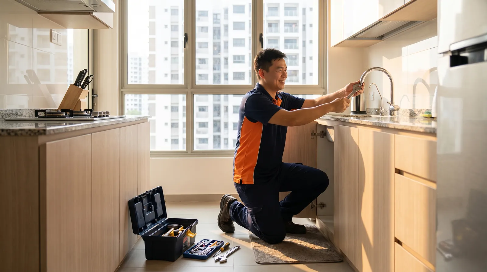Hero: uniformed Handyman A to Z technician at work in a Singapore HDB/condo home